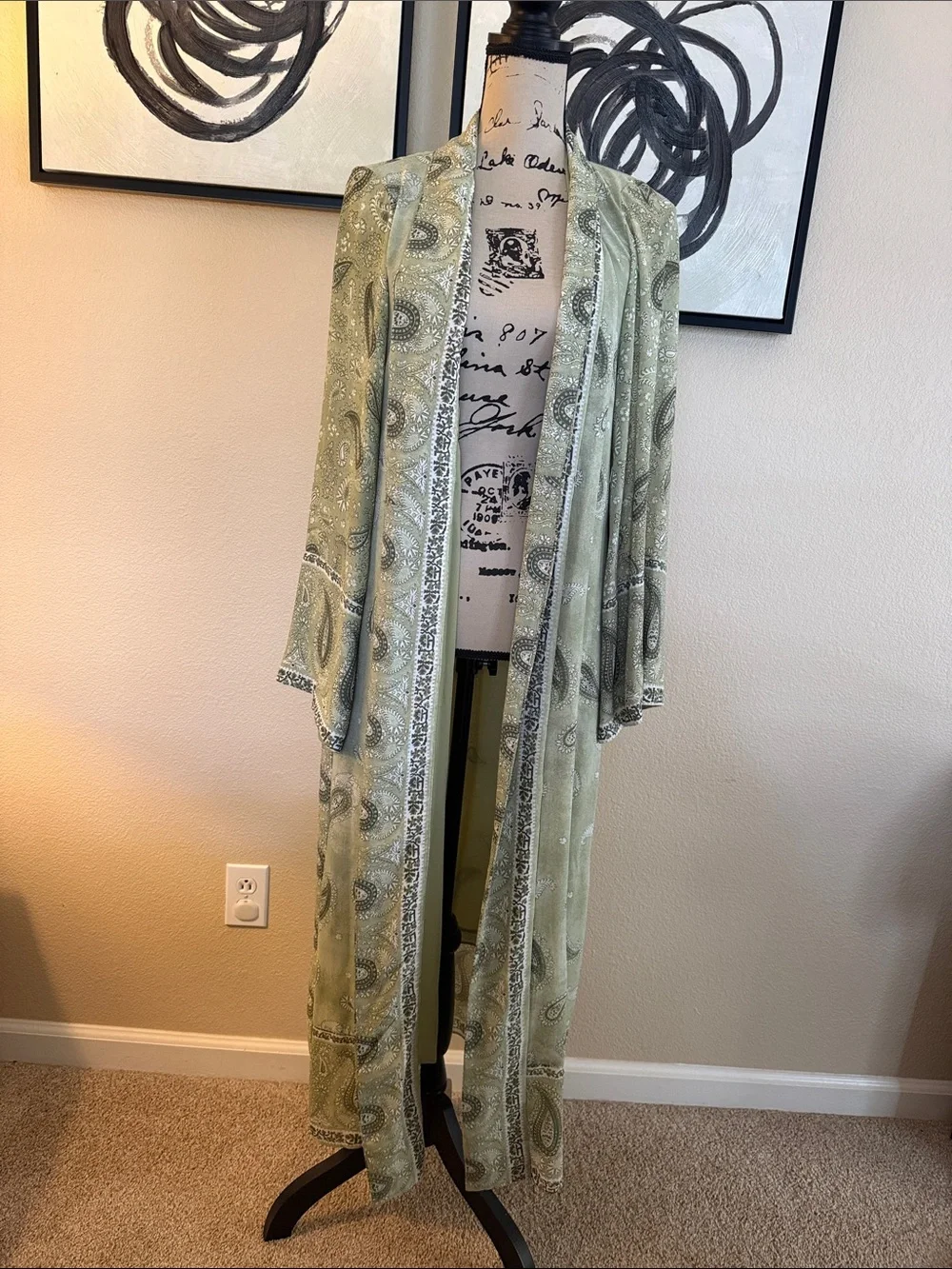 Paisley Long Satin Robe with Tie Belt - Sage Green